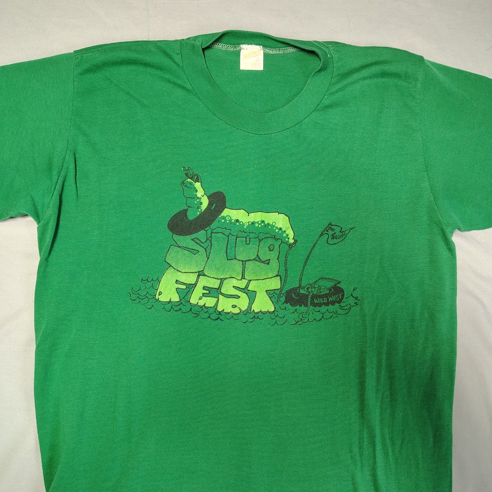 Vintage Wild West Slug Fest T Shirt Green Single Stitch 80s Mens Large 50/50 - Picture 6 of 11